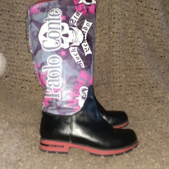 PAOLO CONTE-Death Rock-Punk-Black/Printed Leather-Shearling-Sz 38-Excellent - Picture 4 of 8